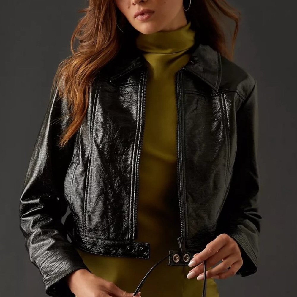 Maeve Crinkle Faux Leather Black Moto Jacket EUC